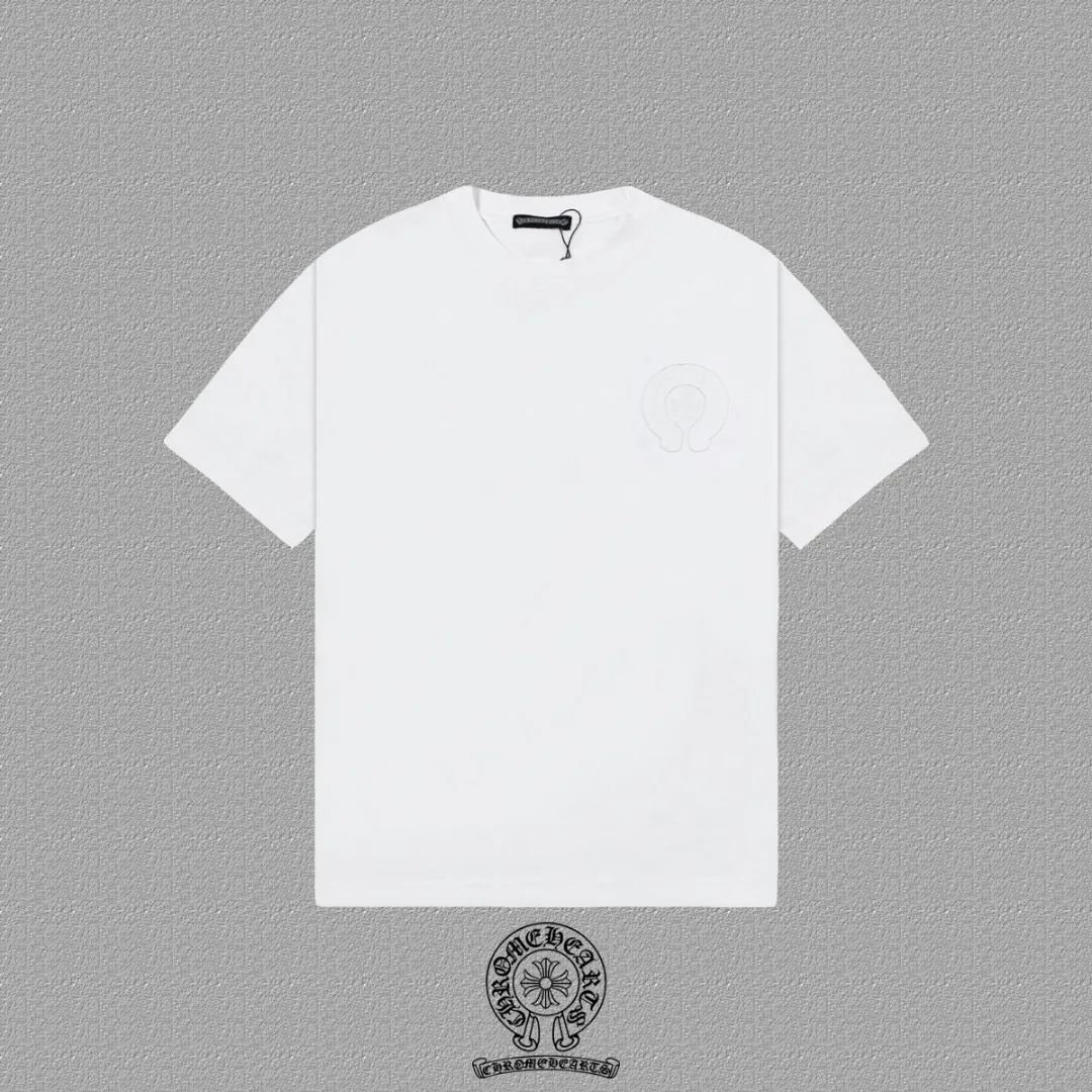 🅿️200 [CH Crow Heart] 2025FW short-sleeved T-shirt, patch embroidery, high-end 26s double yarn 300g fabric, heavy fabric, custom stretcher rib, same cylinder and dye, complete three standards, same style for men and women, color: black, white, size: S M L XL 2XL